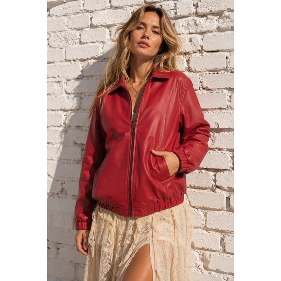 Venezia Jackets & Blazers - Vintage Venezia Red Leather Zip Up Bomber Jacket Oversized 90s Plus Size 16W
